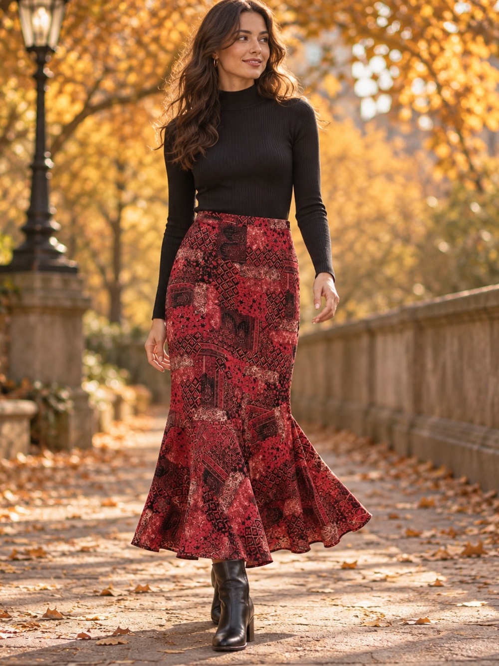 Sag Harbor XL Dark Romantic Red Black Paisley Mermaid Maxi Skirt Boho